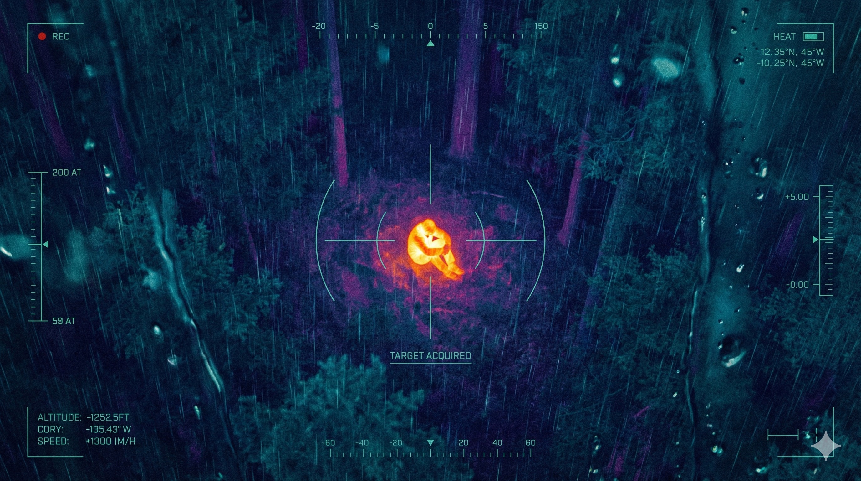 A thermal drone view locates a lost person in dense, rainy woods, framed by a targeting reticle reading TARGET ACQUIRED